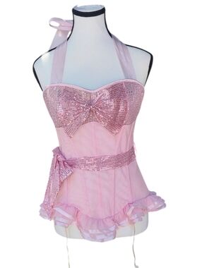 Pink Sequin Halter Bandeau Corset with Bow Detail